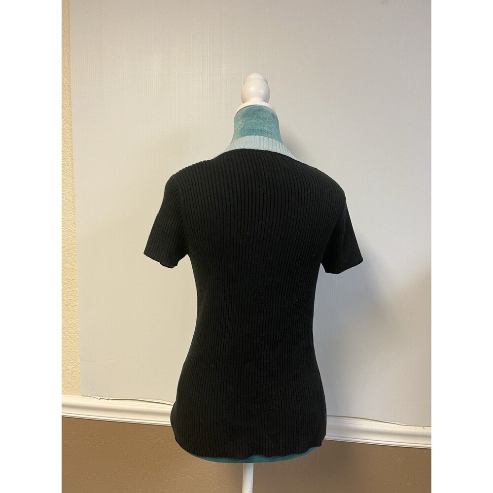 Vintage Tommy‎ Hilfiger Y2K Ribbed Colorblock Top Black White Crewneck – Size S - Picture 3 of 4